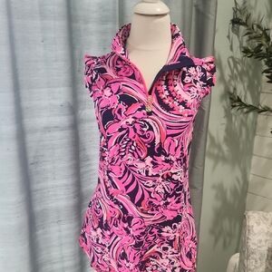 Lilly Pulitzer Vibrant Pink and Navy Ruffle Sleeve Top